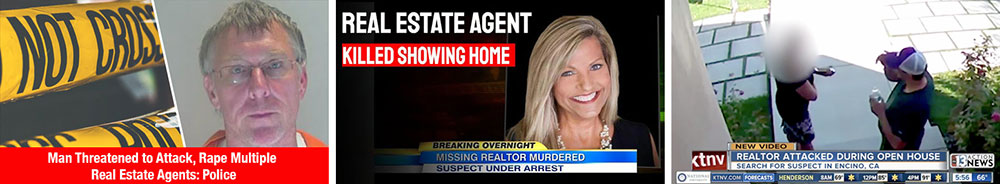 Images of news headlines about real estate agents being assaulted or killed.