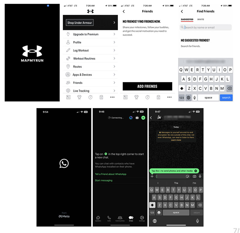 7 app screens of 2 different apps for Competitive Analysis.