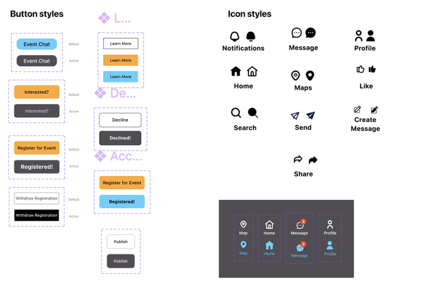 Image of design system showing button style and icon styles.