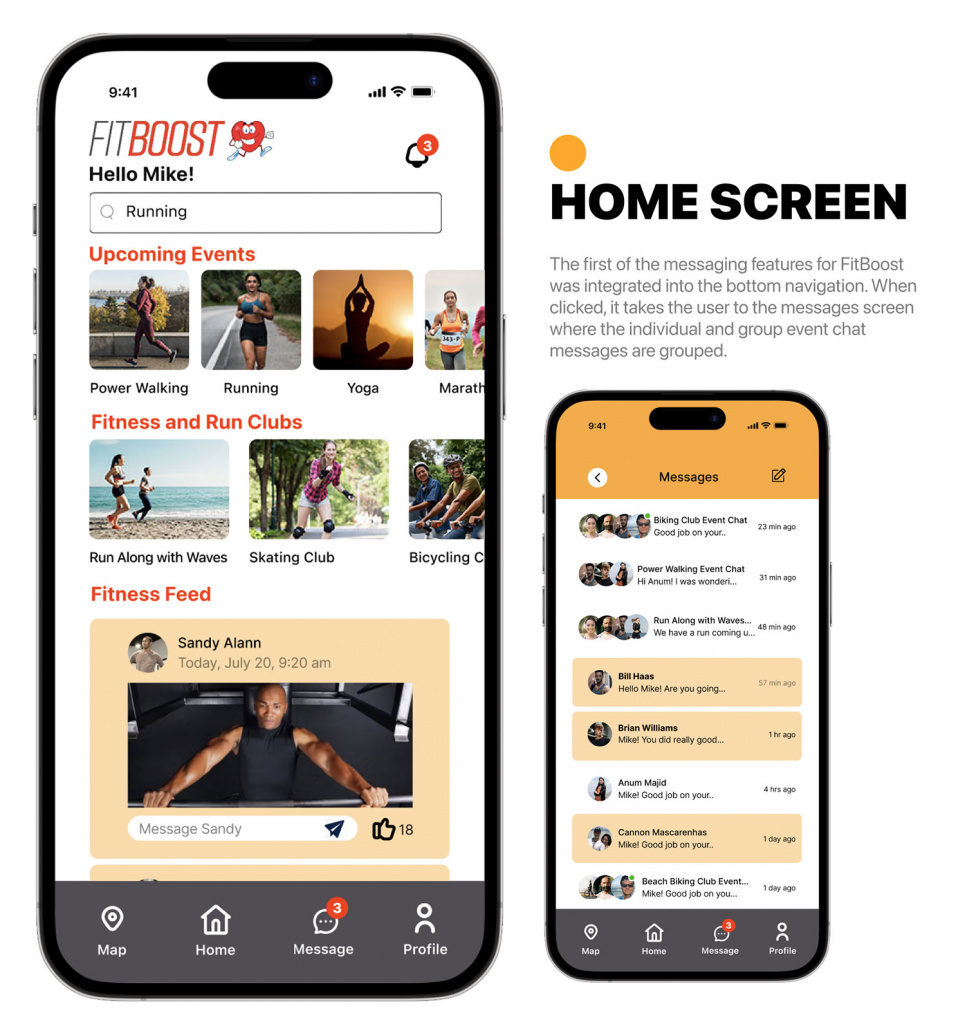 High fidelity screen in a smart phone showing the home page and a messages page of the app.