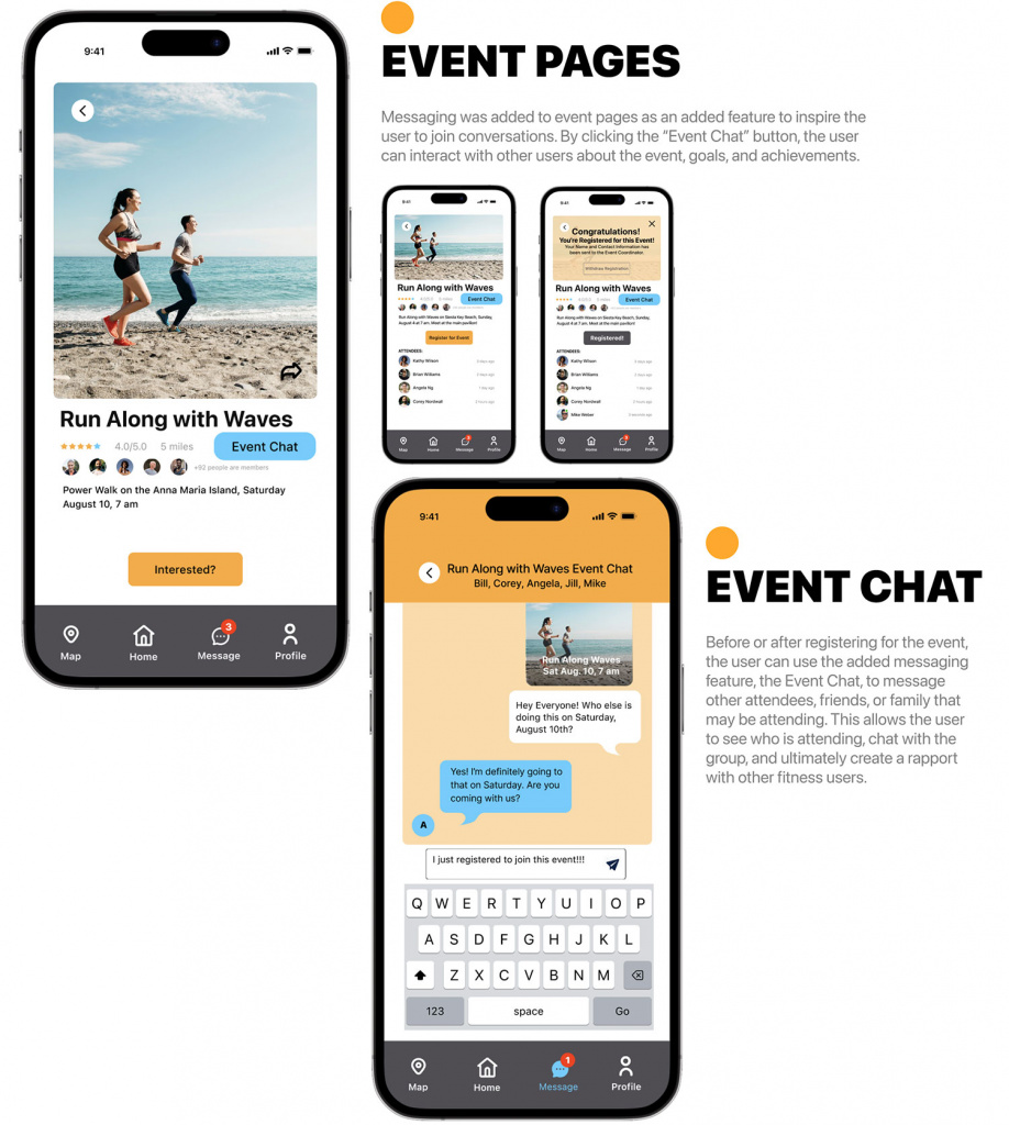High fidelity screens of a fitness event page showing how an event can be shared to a single user or a group of users. Smaller screens show how a user would register for a fitness event. 