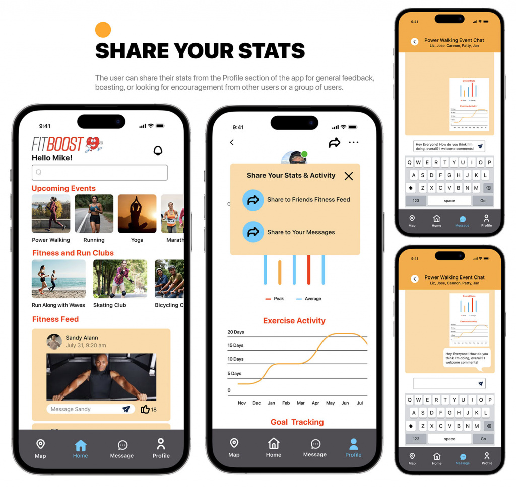 High fidelity screens showing how a user can share their fitness stats with other users through the messages feature in the app.