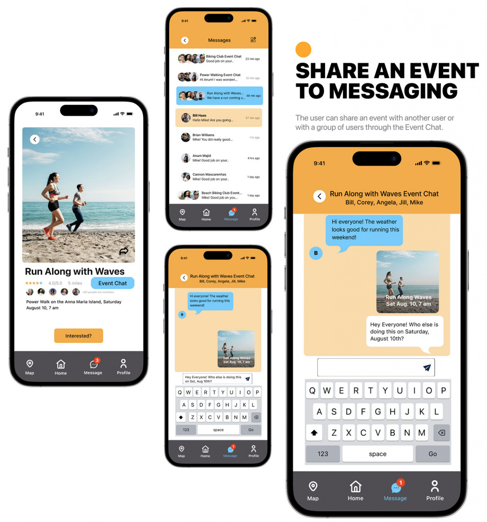 Lastly, some more High fidelity screens of a fitness event being shared into the event chat that is specific to that fitness event.