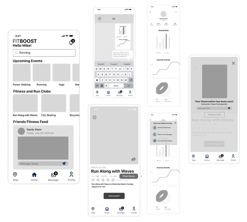 Image of 6 low fidelity screens for the Fit boost app.