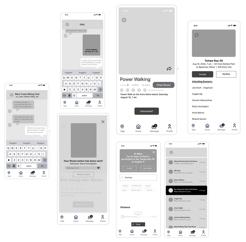 Image of 7 more low fidelity screens for the Fit boost app.