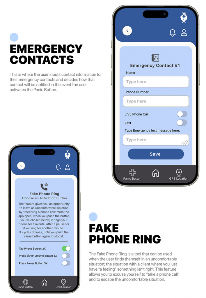 High fidelity screens of the emergency contacts and fake phone ring pages of the app.