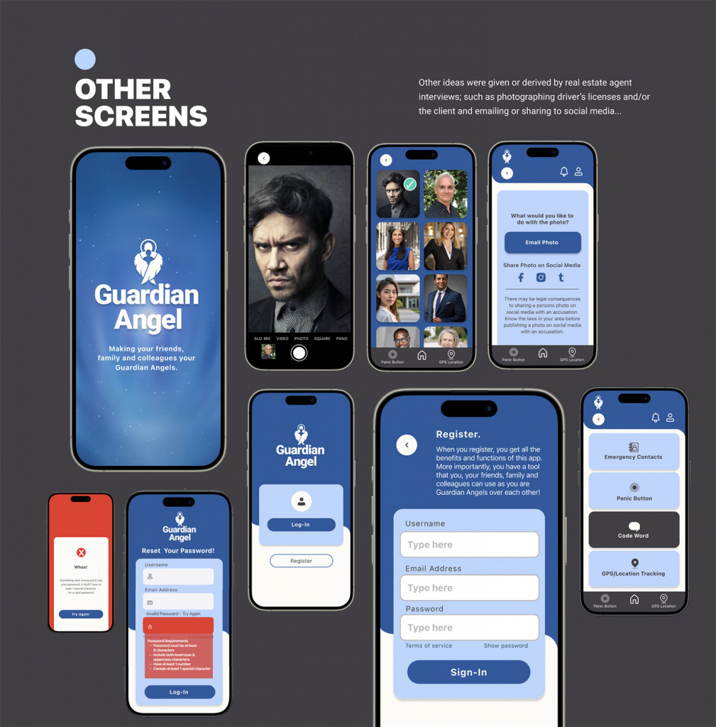 High fidelity screen of other screens on the app like the title page, camera and log-in page.