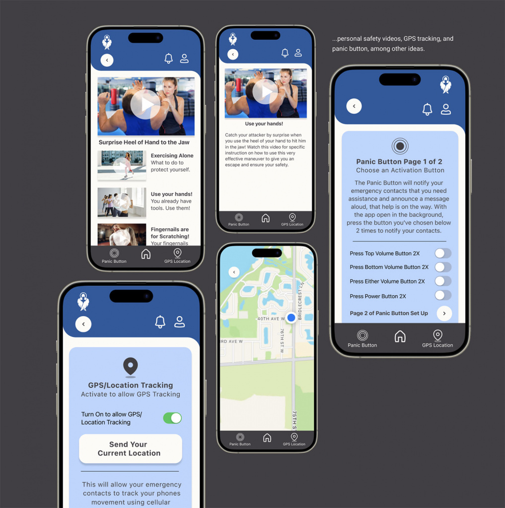 High fidelity screen of the safety video page, GPS location page and the panic button page.