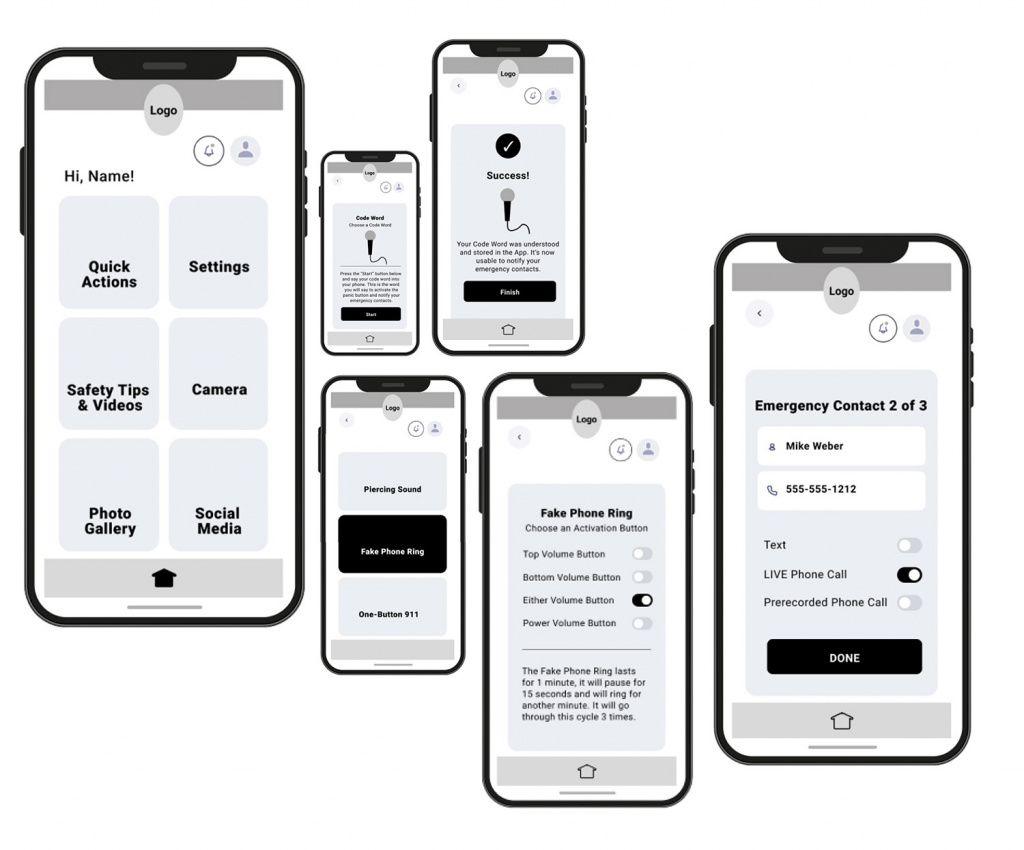 Low fidelity screens of the home page and emergency contacts.