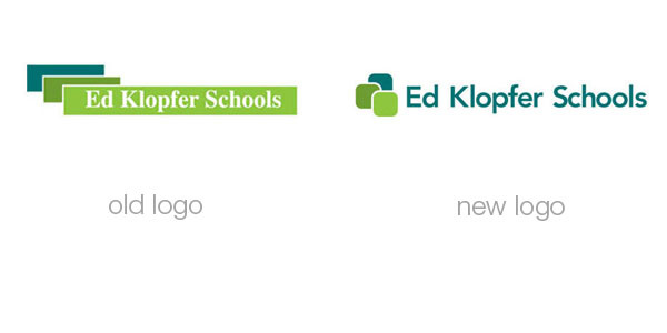 Before and after of the Ed Klopfer Schools logo